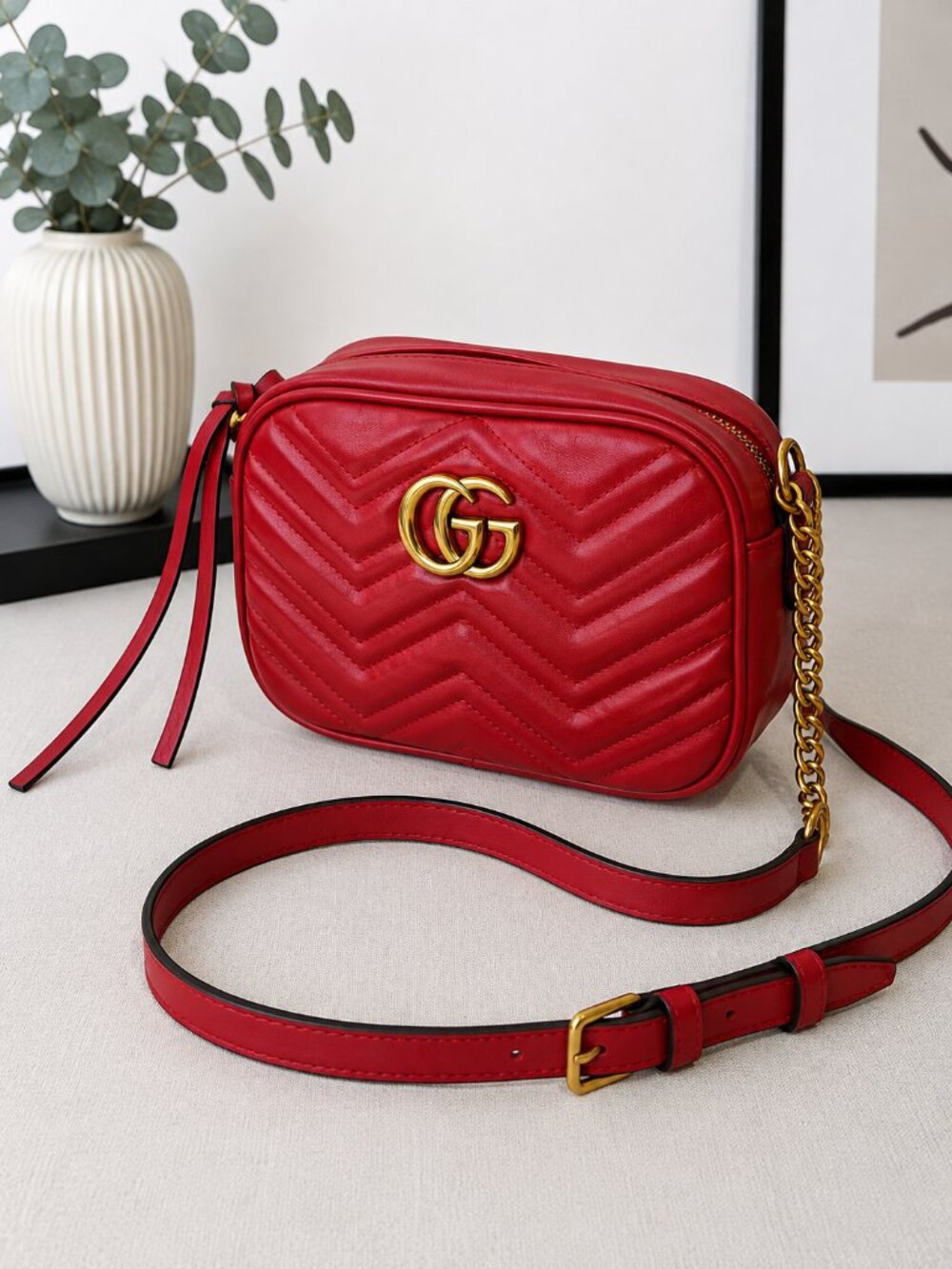 Red Quilted Crossbody Purse Chevron Gold Chain Luxury Style Shoulder Bag